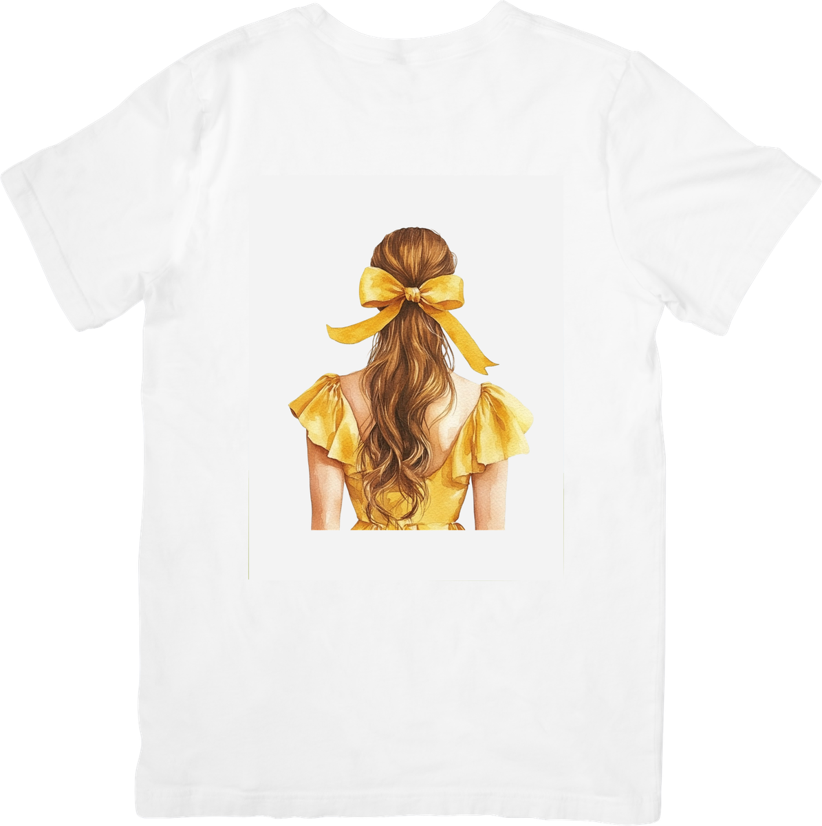 Yellow Bow Girl T-Shirt | Watercolor Back View Portrait Graphic Tee | Feminine Aesthetic Gift