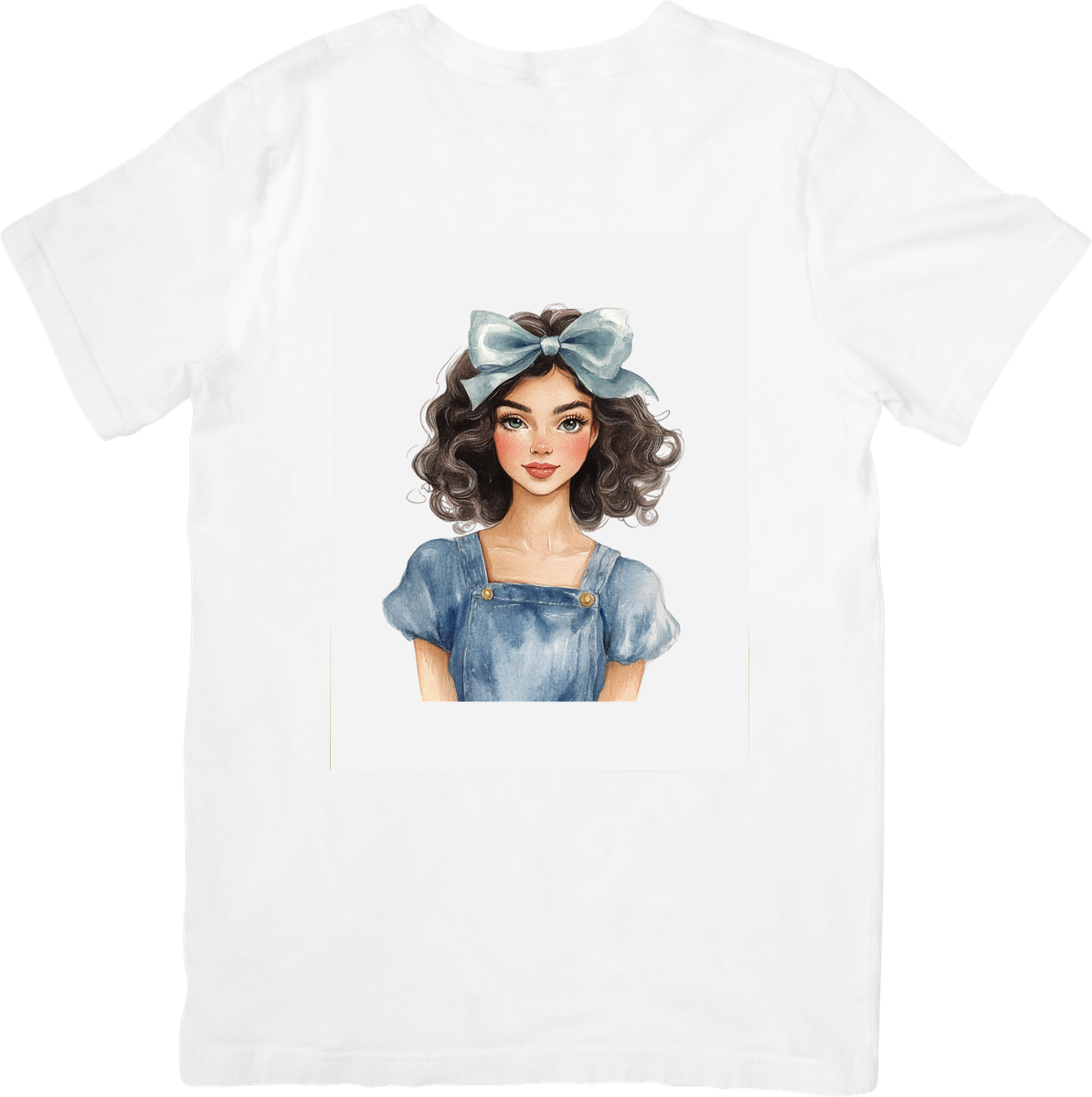 Blue Bow Girl T-Shirt | Watercolor Curly Hair Portrait Graphic Tee | Coquette Aesthetic Gift