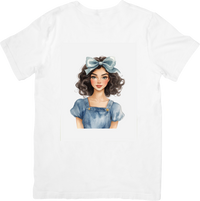 Thumbnail for Blue Bow Girl T-Shirt | Watercolor Curly Hair Portrait Graphic Tee | Coquette Aesthetic Gift
