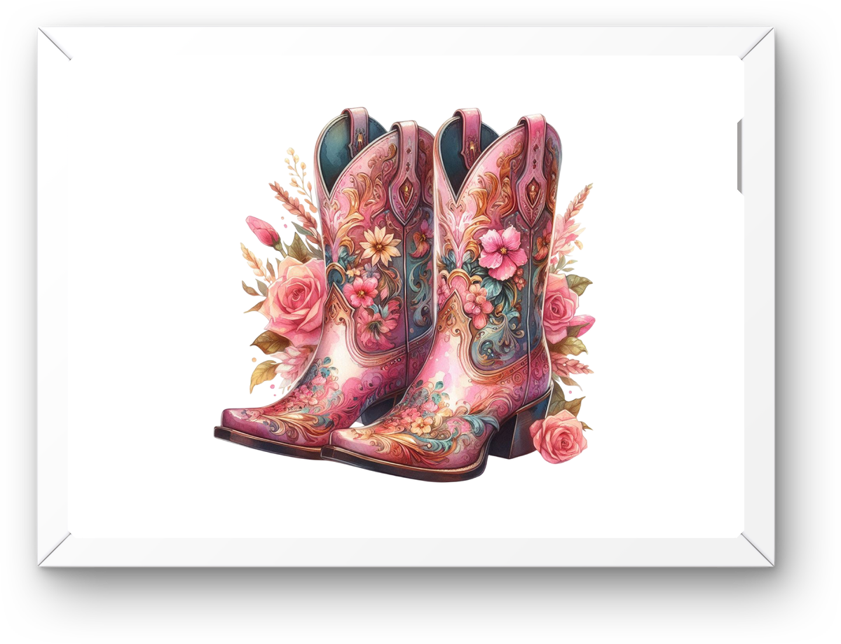Floral Cowboy Boots Wall Art | Watercolor Pink Western Print | Cowgirl Country Gift