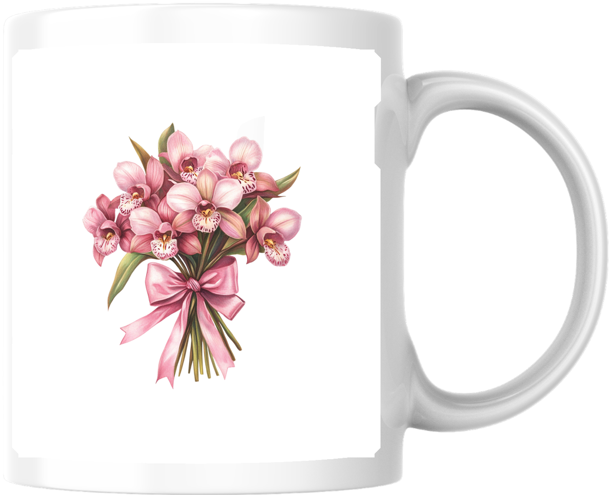 Pink Orchid Bouquet Mug | Watercolor Floral Ribbon Coffee Mug | Flower Lover Gift