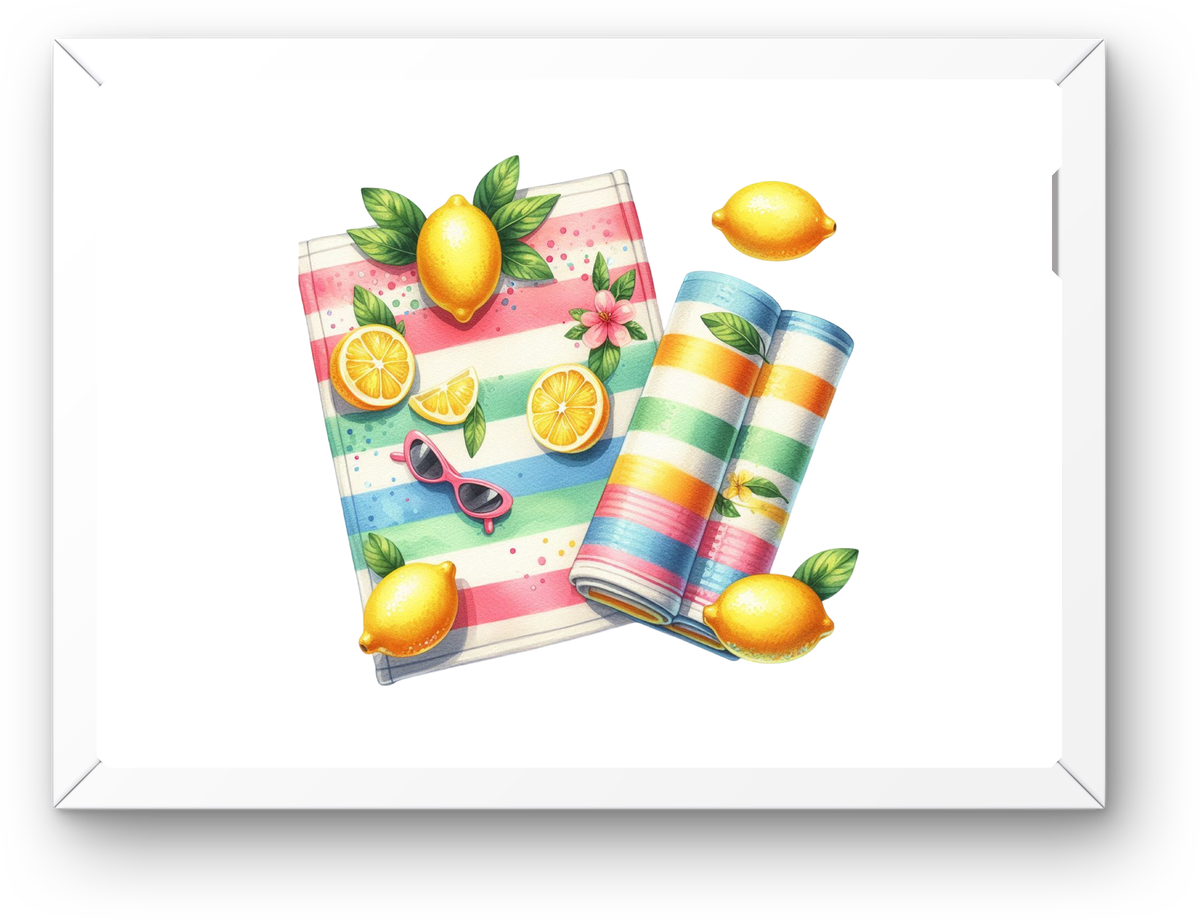 Lemon Beach Towel Wall Art | Watercolor Summer Citrus Print | Coastal Kitchen Gift