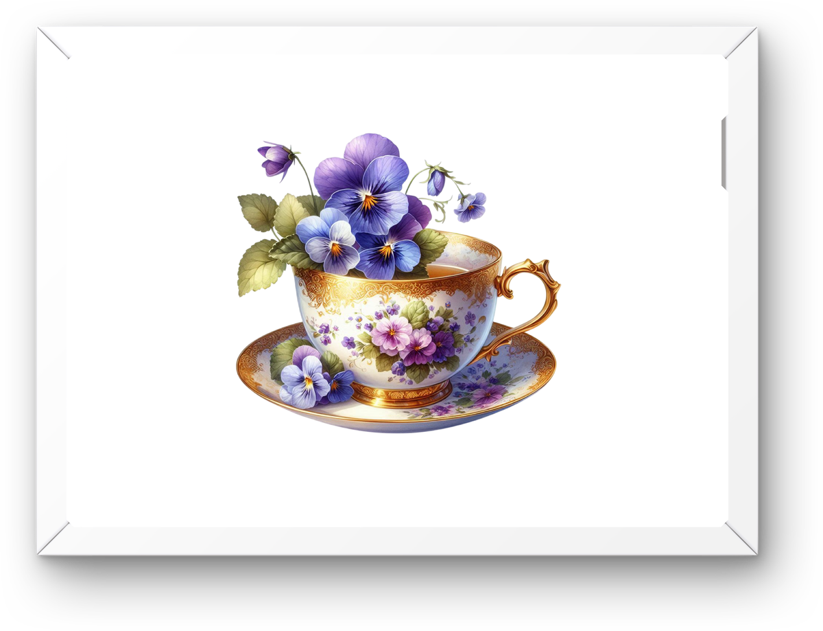 Violet Pansy Teacup Wall Art | Vintage Floral Porcelain Print | Cottage Tea Lover Gift