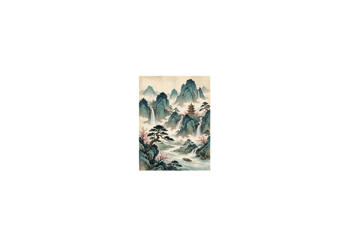 Asian Mountain Landscape Throw Pillow | Ink Wash Pagoda Waterfall Decorative Pillow | Zen Home Decor Gift