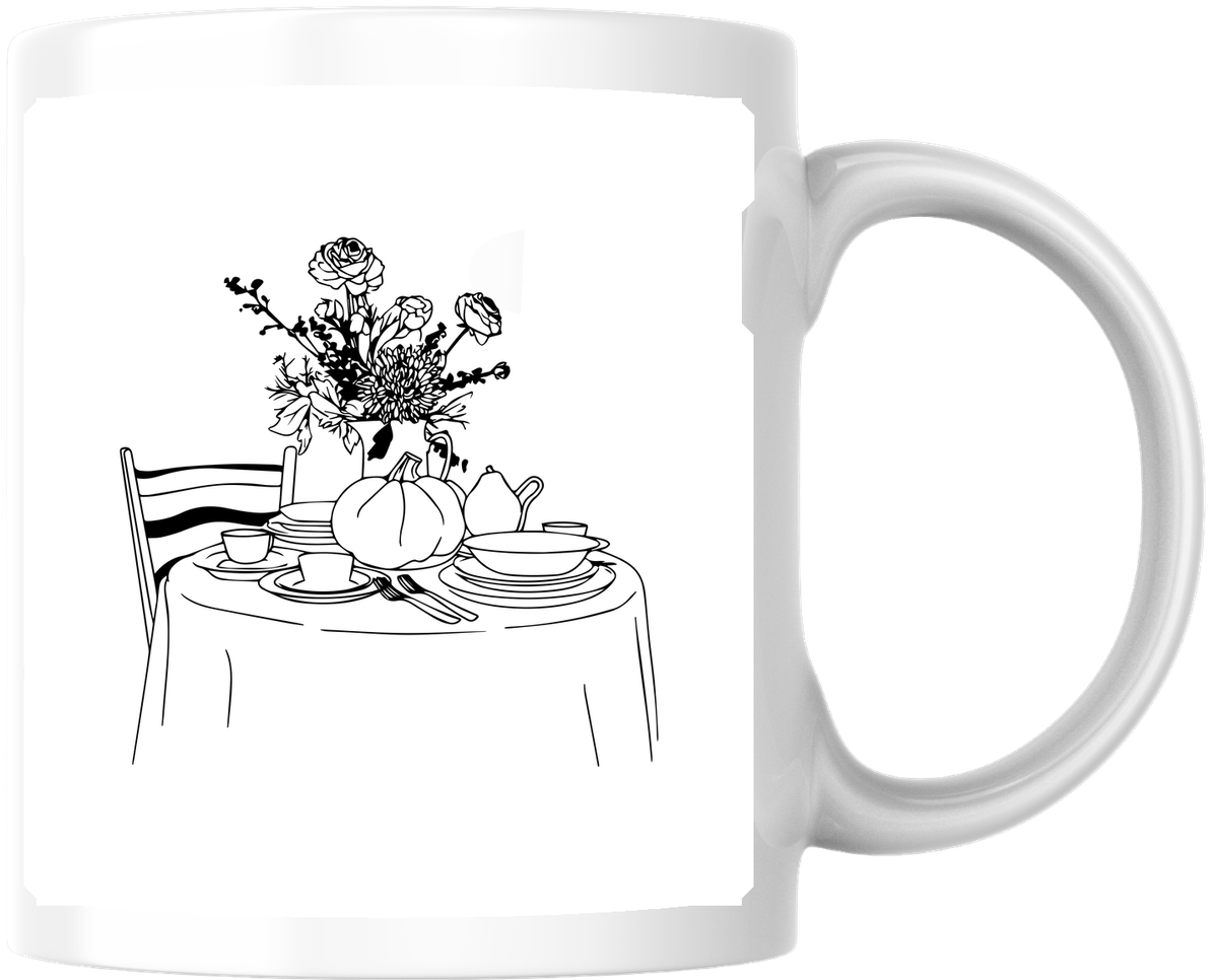 Elegant Table Setting Mug | Line Art Floral Dinner Scene Coffee Mug | Hostess Gift