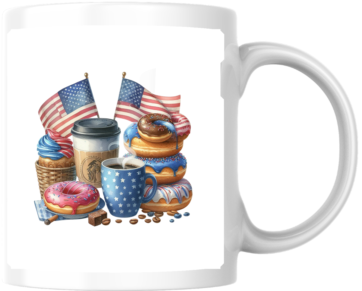 Patriotic Donuts & Coffee Mug | American Flag Dessert Coffee Mug | 4th Of July Gift