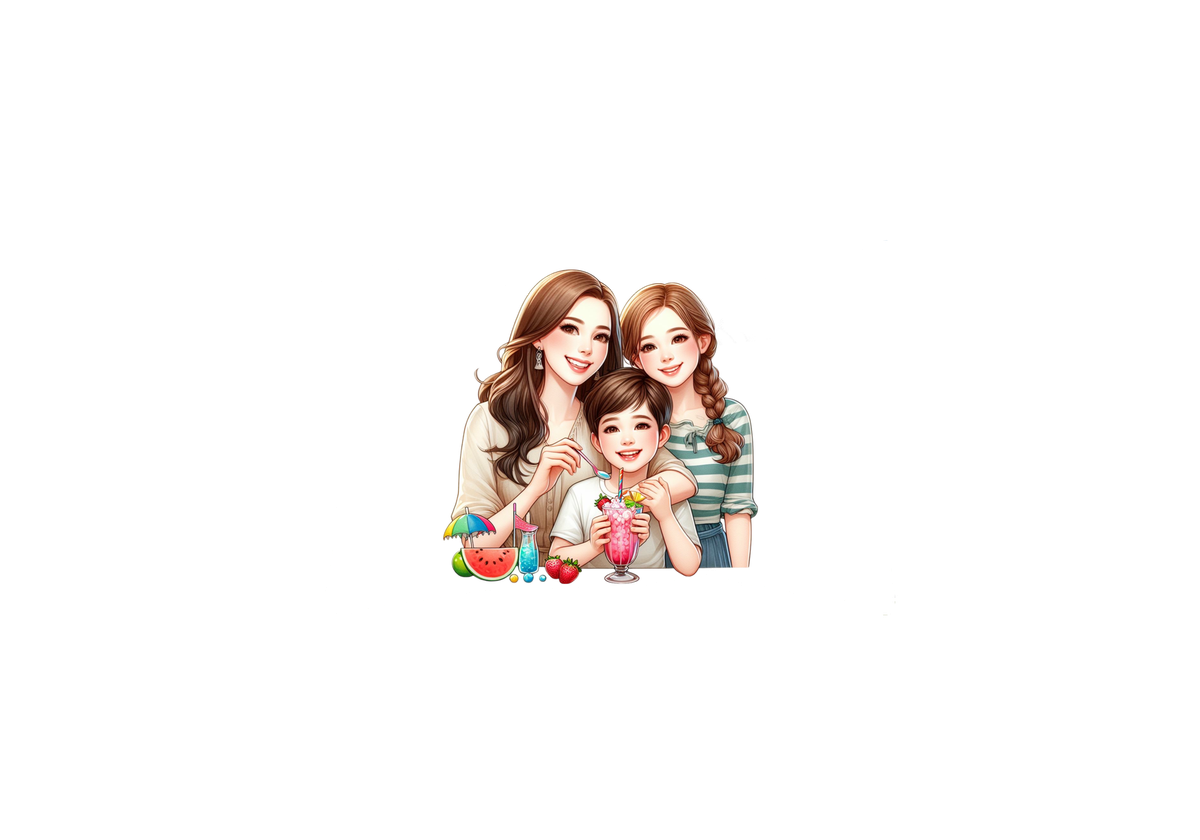 Family Summer Drink Throw Pillow | Illustrated Mom Kids Portrait Decorative Pillow | Family Home Gift