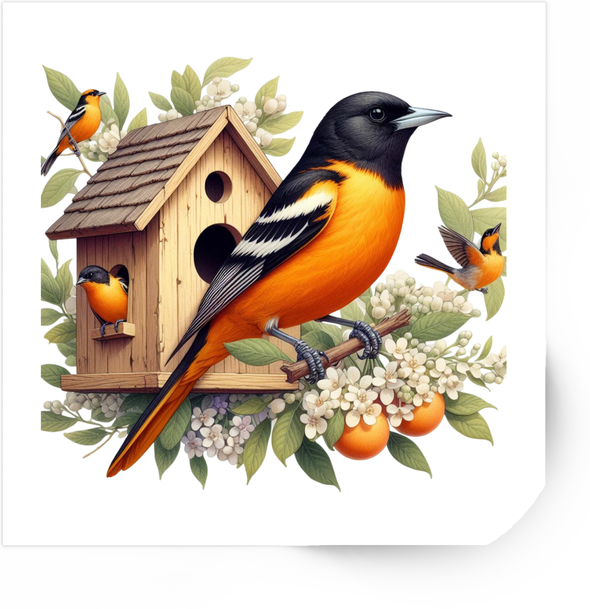 Baltimore Oriole Birdhouse Sticker | Orange Songbird Blossom Vinyl Decal | Bird Lover Gift
