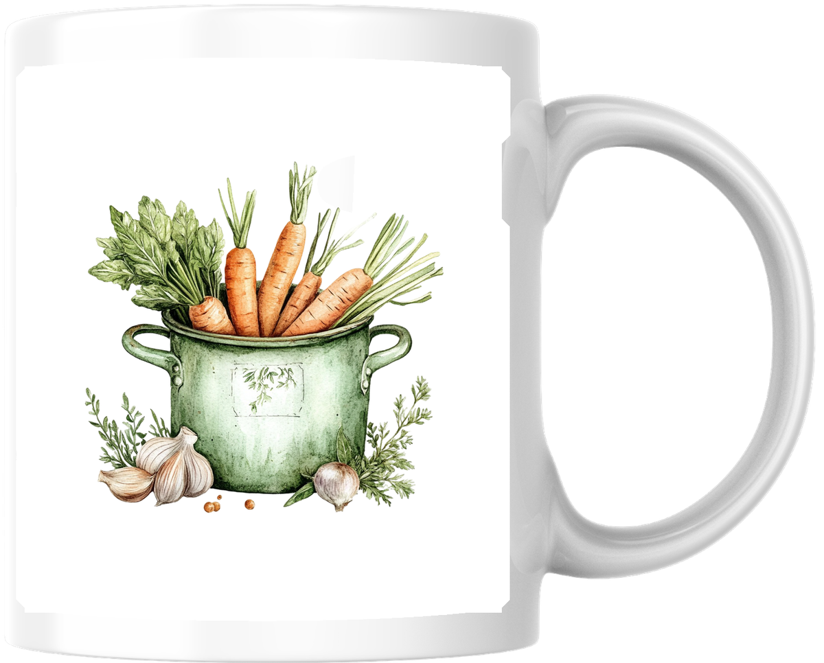 Carrots In Stock Pot Mug | Watercolor Farmhouse Vegetable Coffee Mug | Cooking Foodie Gift